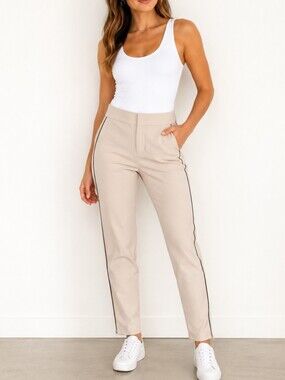 Athleta Stellar Novelty Trouser Pants Cream Tan Black Side Stripe AnkleZip Size4